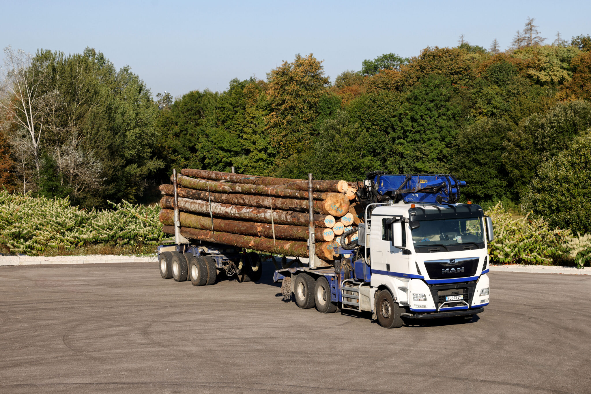Commandez dès maintenant le Massey Ferguson 7480 tracteur avec chargeur et remorque de bois 1:16